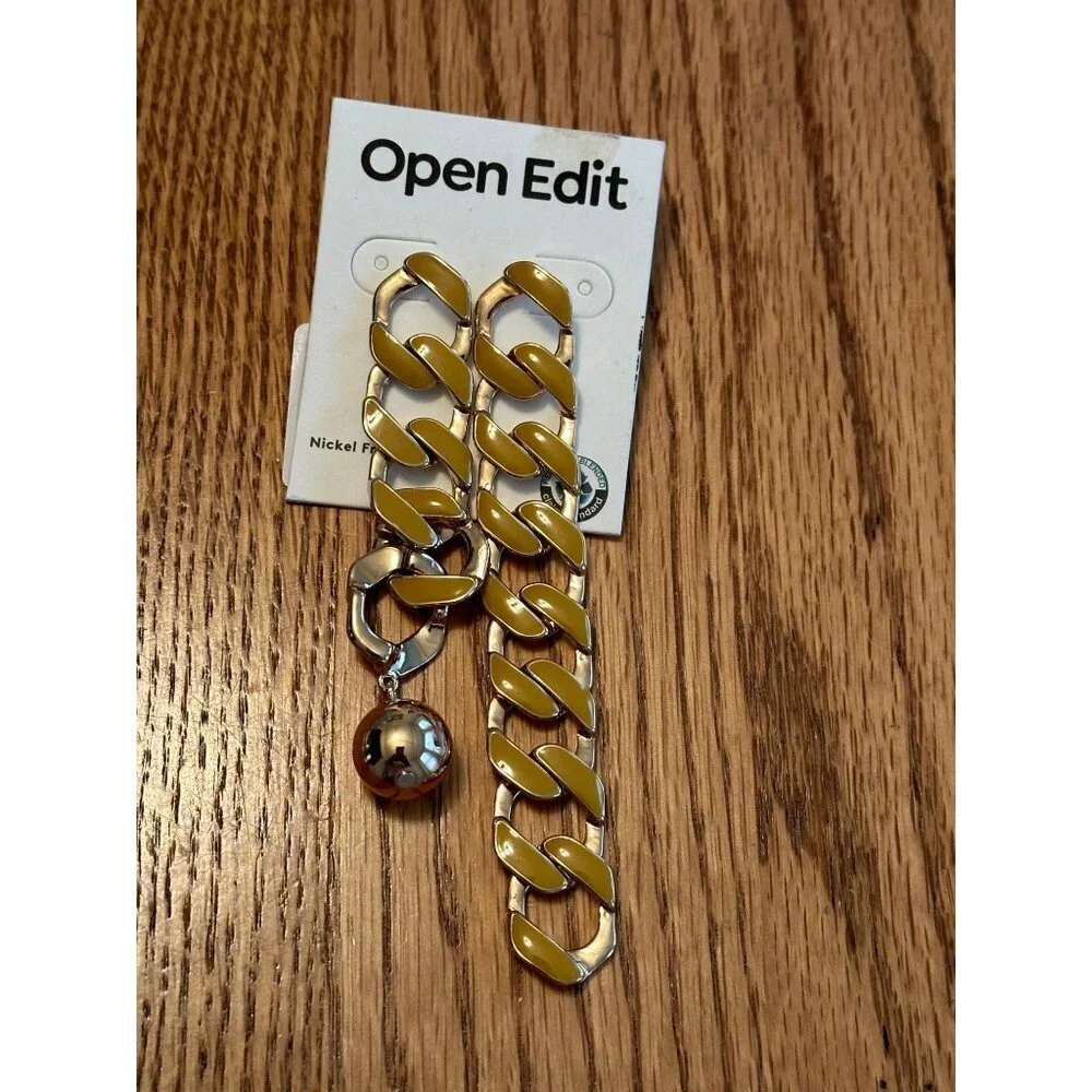 Open Edit Gold Chain Link Drop Style Asymmetrical Earrings Silver Ball Accent